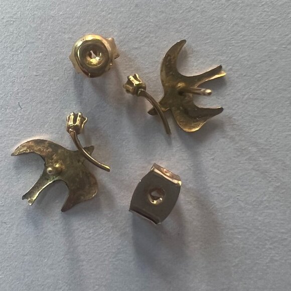 Vintage 14K Gold Bird Earrings w/ Diamond / czAccent 585 Marked Studs back Read! - Picture 2 of 10